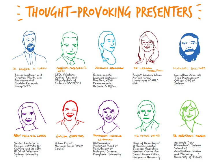Illustrations of faces of speakers at the conference