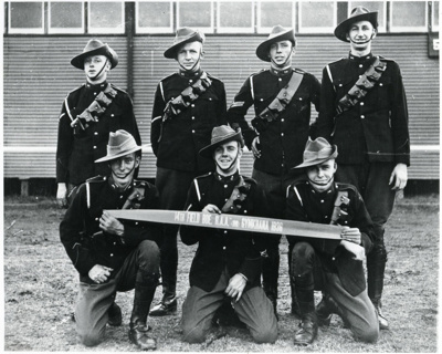 Black and white photo of 7 men of the 14th Field Brigade Gymkhana was held at Addison Road Army Barracks in 1936