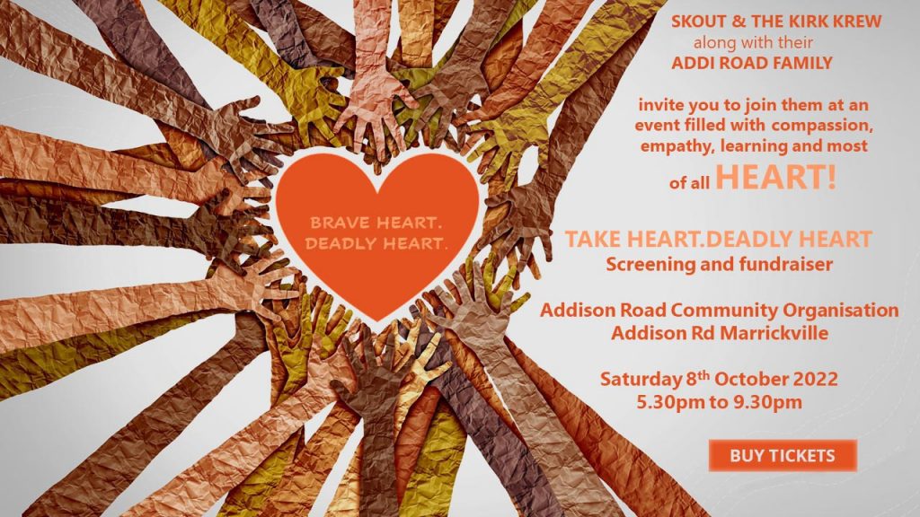 Artwork with dozens of hands made out of crinkled paper circling a red heart shape with the words “Take Heart. Deadly Heart.” inside it. 