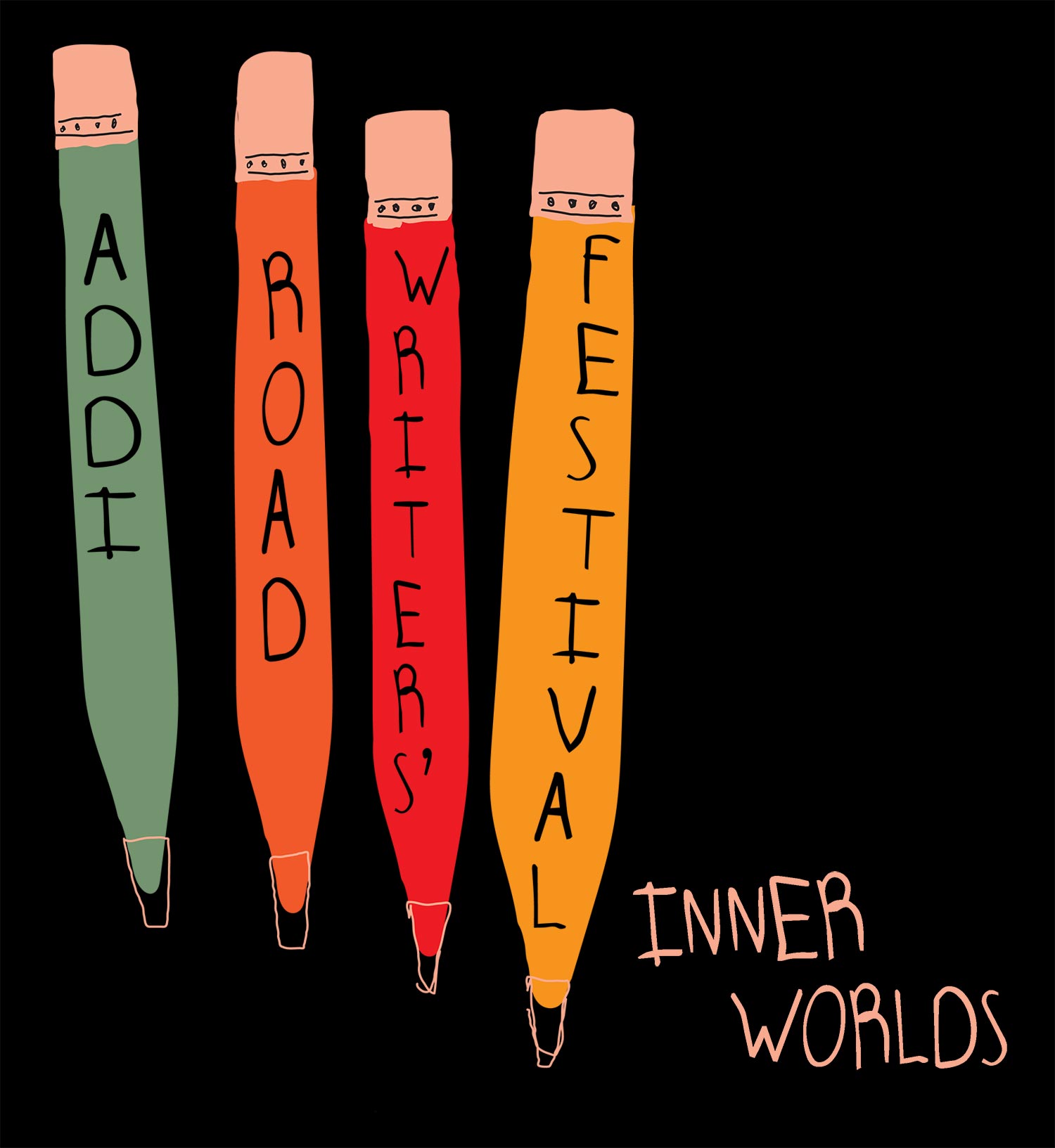 Hand-drawn Illustration of four coloured pencils each with the words Addi Road Writers’ Festival