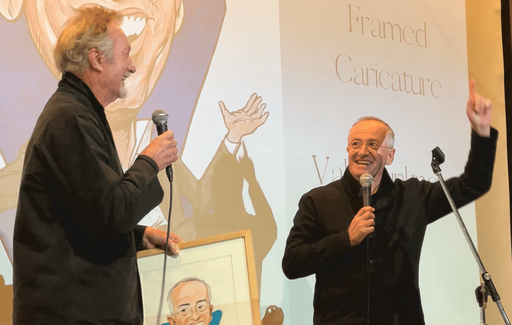 Bryan Brown and Andrew Denton drumming up enthusiasm at the No Laughing Matter benefit auction