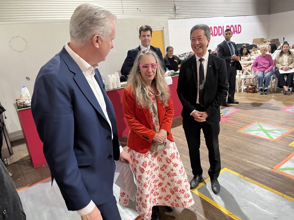 L-R: Tony Burke MP, Addi Road CEO Rosanna Barbero, Simon Chan AM, Director of Art Atrium